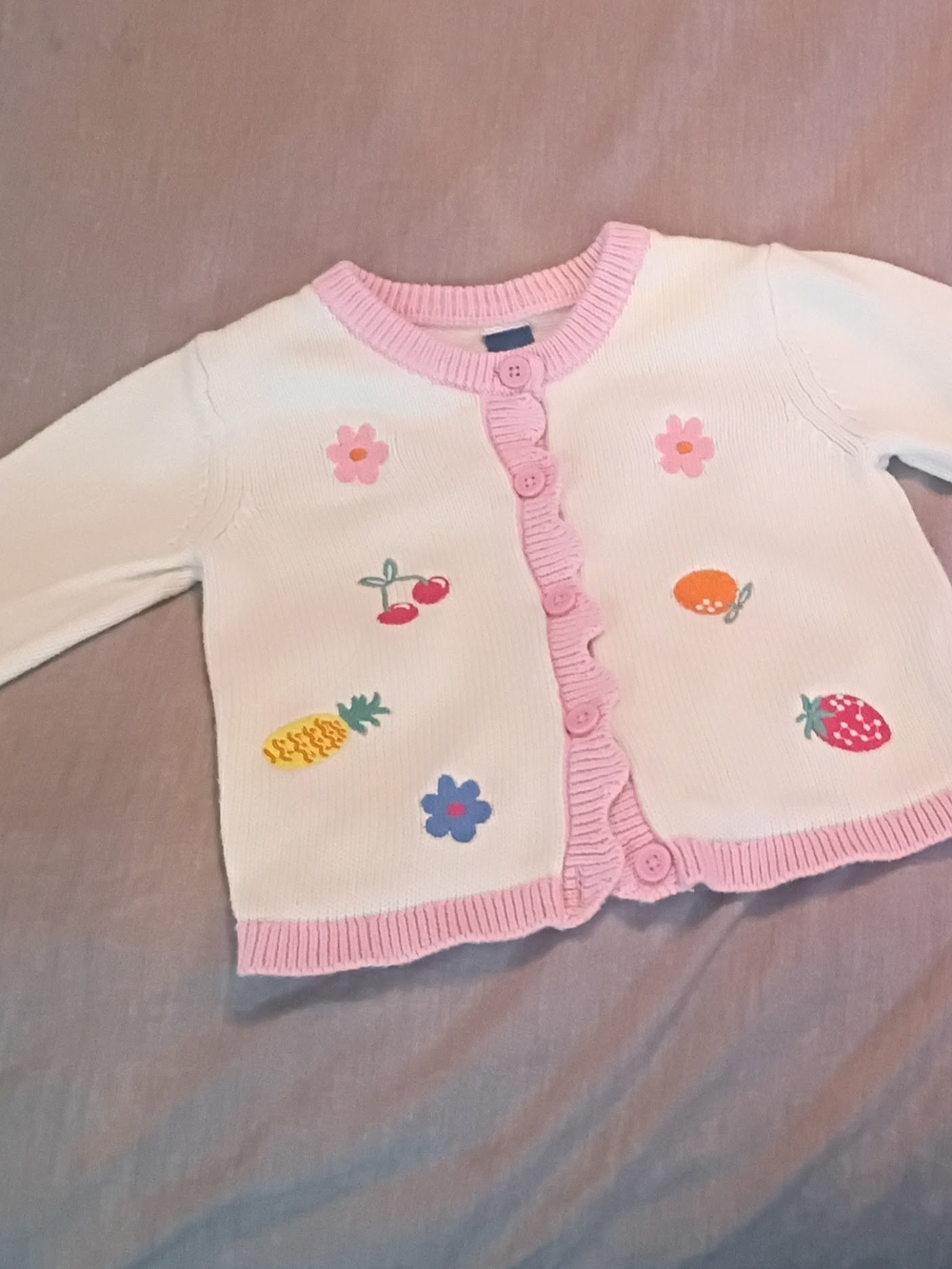 Old Navy White Knit Cardigan with Pink Trim and Fruit Appliqués